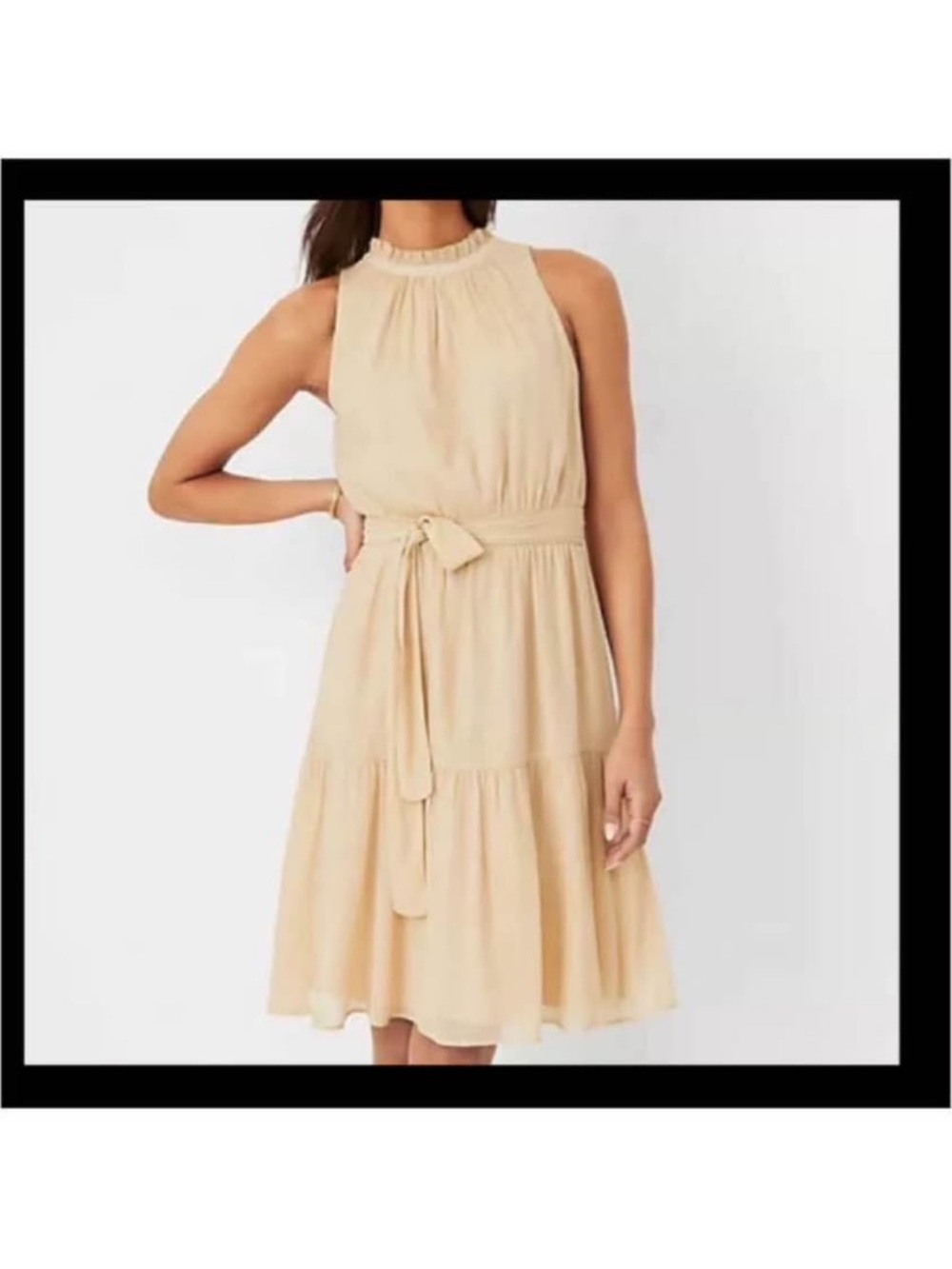 Ann Taylor Gold Metallic Smocked Halter
Midi Dress